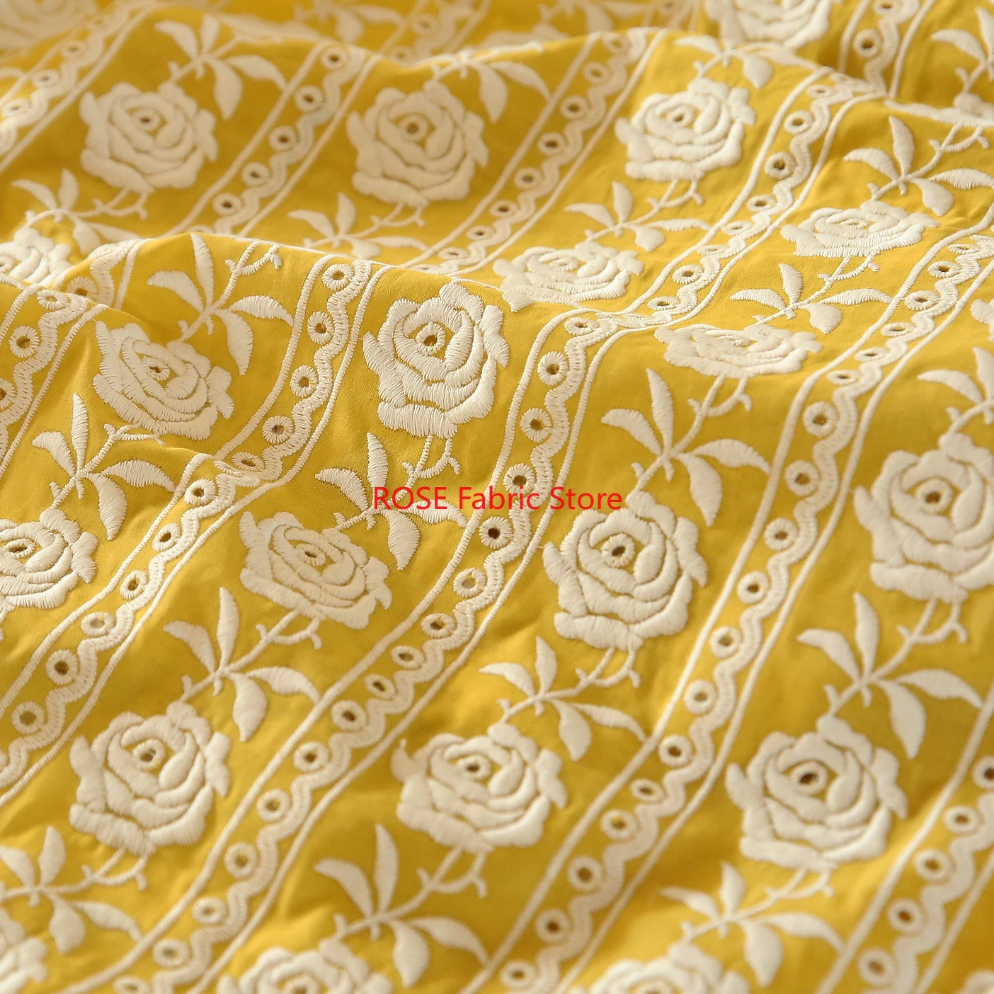 Embroidery Yellow Dress - Tissu français en coton jaune Rose,